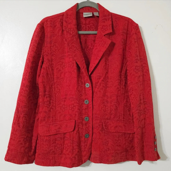 CHICOS 100% Silk Floral Knit Patterned Blazer, Red Orange, Unlined, Size 1, M - Picture 2 of 16
